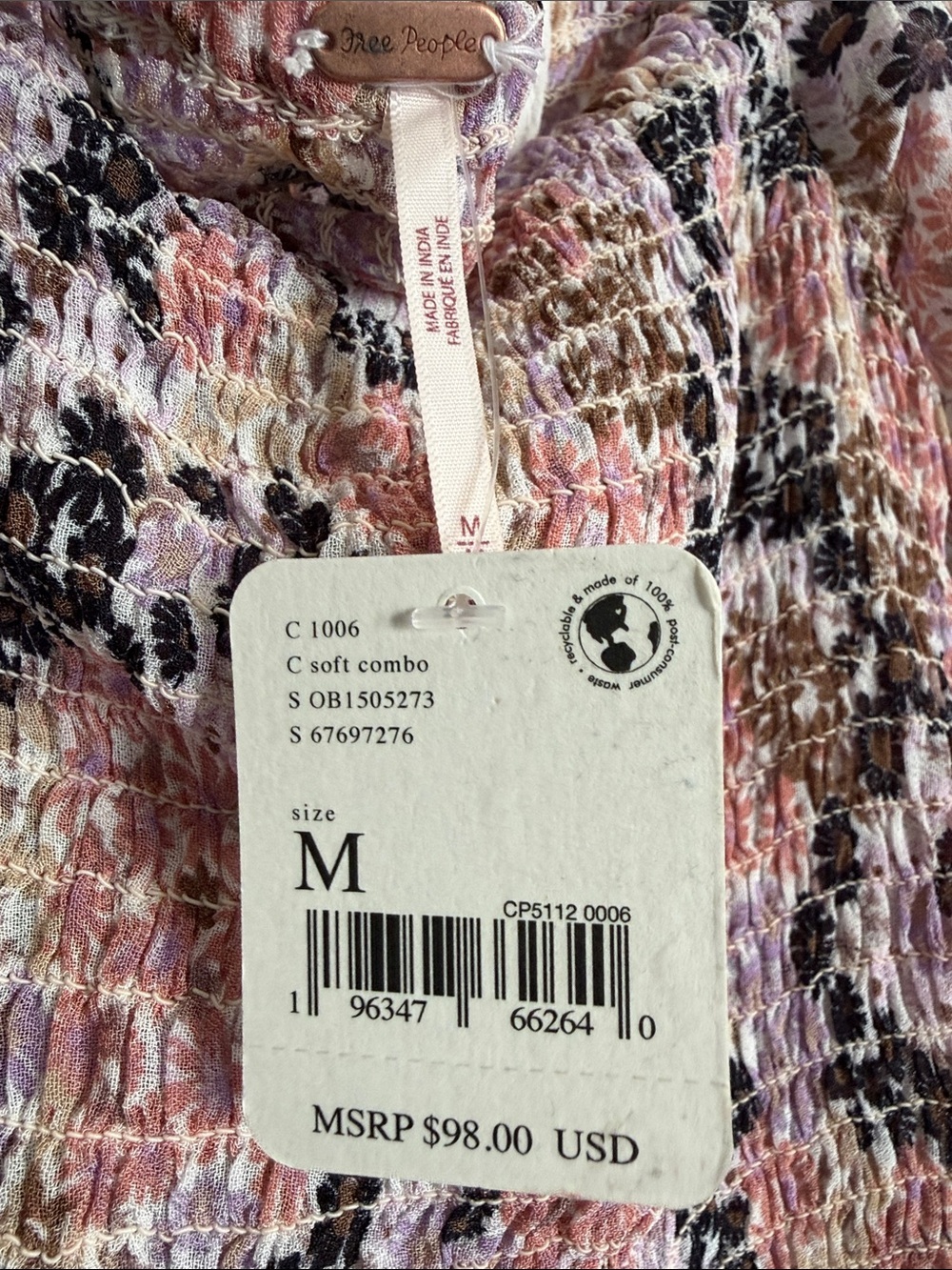 NWT Free People Pink Multi Floral Smocked Peasant Blouse - Picture 4 of 12